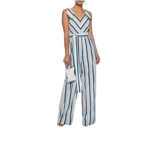 Lela Rose Stripped V Neck Bow Tie Belted Wide Leg Jumpsuit